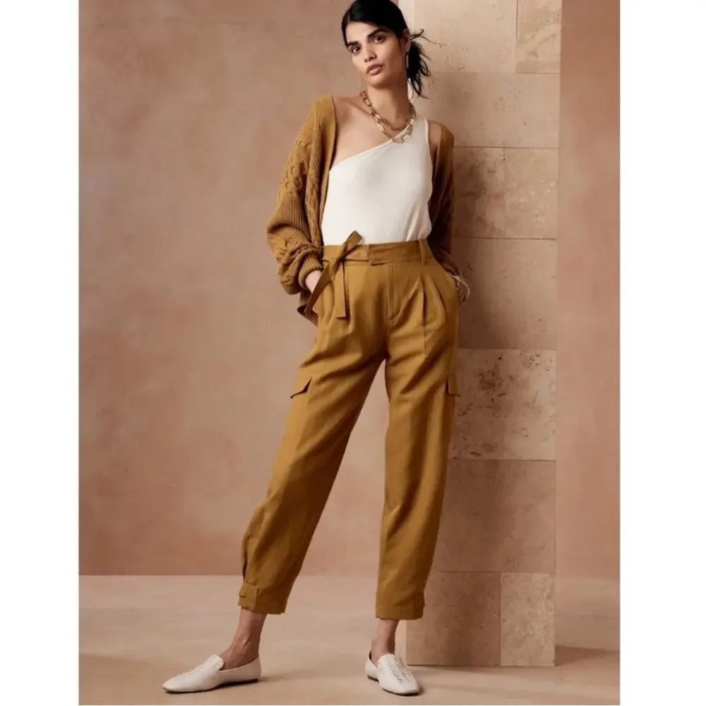 Banana Republic Tencel-Linen Cargo Pant tie waist bronze burnt yellow